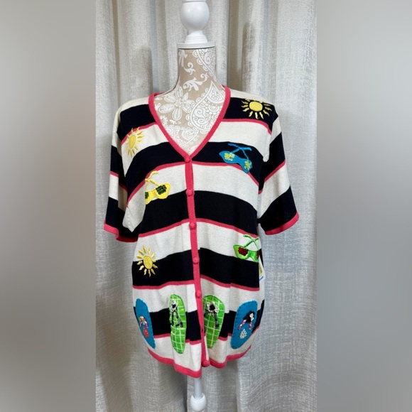 Hampshire Studio 2X Summer Cardigan —Striped Beach Theme Embroidered Sweater Top - Picture 2 of 6